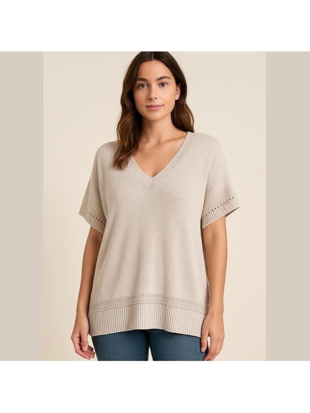 JOIE Cotton V-Neck Short Sleeve Dolman Sweater Cream Beige SIZE LARGE